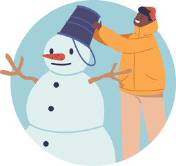 Boy child building snowman vector illustration