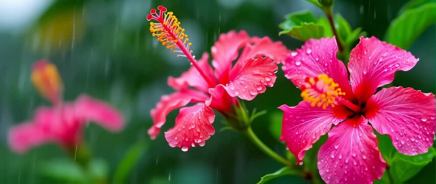 Anamorphic video Raindrops falling on beautiful close up hibiscus flowers 