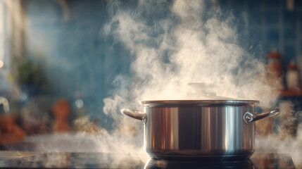 Steam Rising from a Pot on a Kitchen Stove Cooking and Food Preparation
