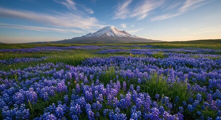 Fototapeta premium 雄大な山と青紫の花畑 春の穏やかな風景