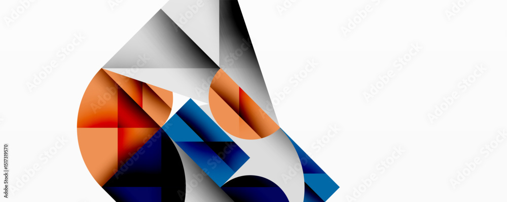 Poster abstract geometric shapes overlap, creating dynamic composition. orange, blue, gray tones dominate w