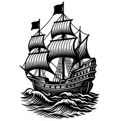 A black vector illustration of a vintage sailing ship, possibly a galleon or caravel, with its sails unfurled, navigating through choppy waves.