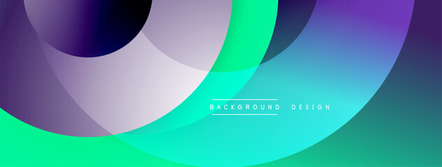 Abstract colorful overlapping circles create dynamic background. Gradient shades blend purple, green, blue hues. Modern design element.