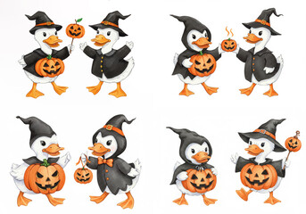 Halloween Ducks Clipart Collection - Adorable cartoon ducks in Halloween costumes, holding pumpkins. Perfect for autumn decorations, cards, and kids' projects. Symbolizing fun, festivity, autumn