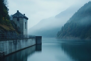 building by the lake in the fog