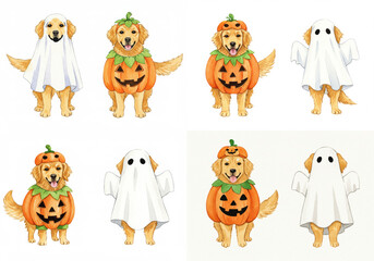 Fototapeta premium Golden Retrievers Halloween Costumes Clipart - Adorable Golden Retrievers dressed in Halloween costumes. Pumpkin, ghost, autumn, canine, holiday