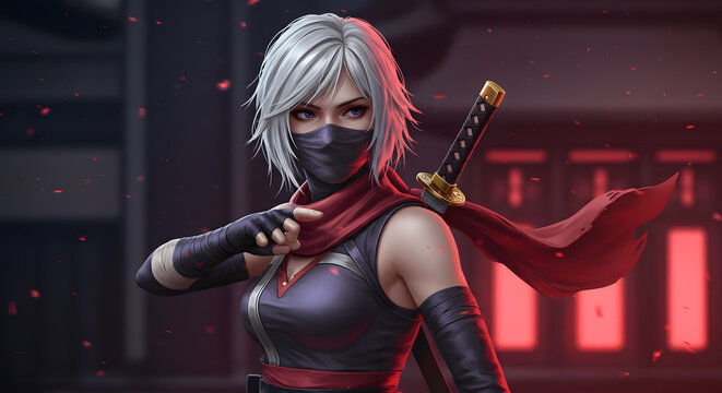Fototapeta Female ninja warrior with sword in dark urban setting