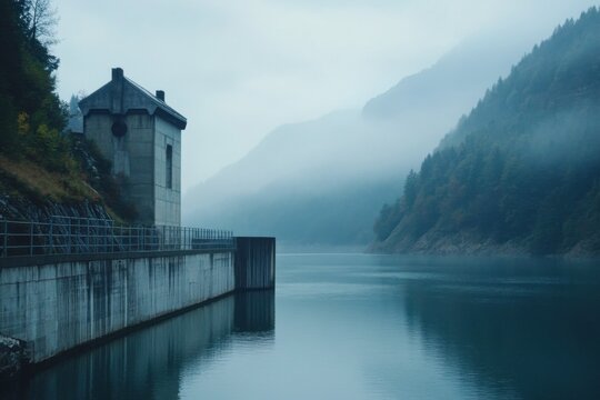 building by the lake in the fog - Powered by Adobe