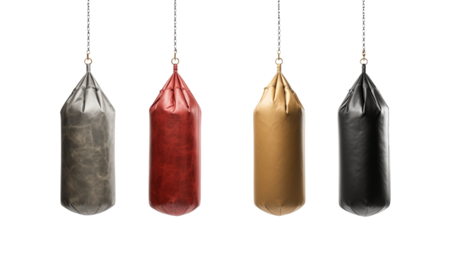 Four hanging punching bags in gray red gold and colors