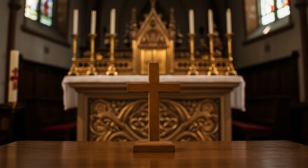 静謐な教会、輝く十字架、神聖な空間