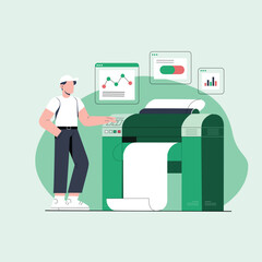 Graphic Designer Printing Presentation with Charts and Data – Flat Vector Illustration