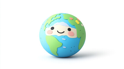 Chibi Kawaii Earth with Smiling Face on White Background. A cute and colorful chibi-style illustration of the Earth featuring a smiling face with big eyes, rosy cheeks, and simplified continents.