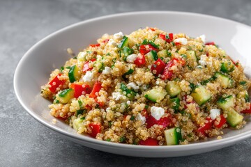 A close-up shot of a quinoa salad with diced cucumbers, red bell peppers, and crumbled feta cheese.  The salad is served on a light-grey shallow bowl, set against a mottled grey background