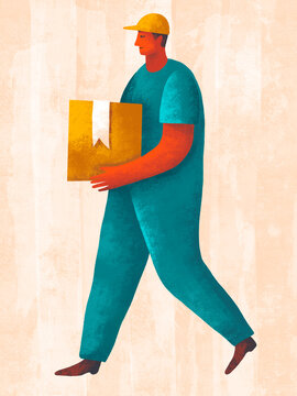 Delivery person carries a package through a warm backdrop