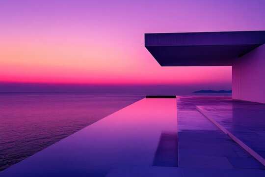 Modern house with infinity pool overlooking vibrant sunset over the sea - Powered by Adobe