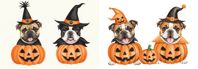 Naklejka premium Bulldogs in Halloween Pumpkins - Adorable bulldogs dressed in Halloween costumes, sitting inside carved pumpkins. Perfect for Halloween cards, decorations, or merchandise