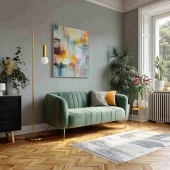 A sage green velvet sofa sits in a sunlit living room with gold legs, herringbone floors, abstract art, and plants.  A gold floor lamp and side table add to the sophisticated ambiance