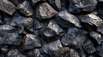Stacked Black Rocks Background. Close-up of black rocks suitable for landscaping, construction, or natural scenery backgrounds.