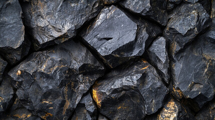 Stacked Black Rocks Background. Close-up of black rocks suitable for landscaping, construction, or natural scenery backgrounds.