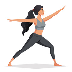 Obraz premium Side View of a Woman in Warrior II Yoga Pose, Gray Sportswear, Vector Illustration, Transparent Background 
