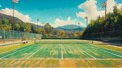 Empty Tennis Court with Scenic Background. A detailed tennis court set amidst lush green surroundings, ideal for sports, leisure, and outdoor activity promotions.