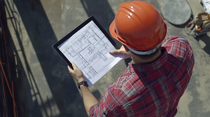 Construction Worker Reviewing Blueprint on Tablet at Site