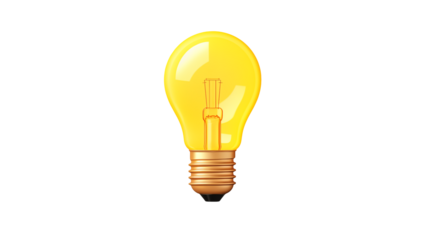 A bright yellow lightbulb glowing on a transparent background 