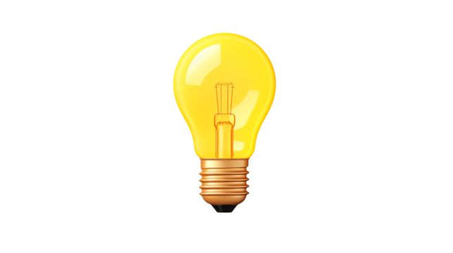 A bright yellow lightbulb glowing on a transparent background 