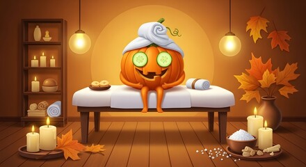 Funny Halloween Cartoon Pumpkin Enjoying Spa Day with Cucumber Eyes and Towel