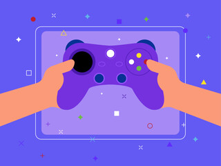 Player's hands hold joystick. Gameplay technology on PC computer or console. Gaming Video game on screen. Equipment of gamers. Games illustration. Flat vector illustration. © roundsquid