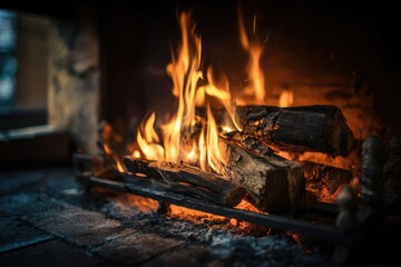 A close-up shot of a roaring fire in a fireplace, showcasing vibrant flames engulfing stacked logs on a grate.  Warm, inviting ambiance