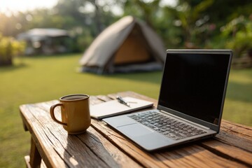 Laptop, notepad, and coffee mug on rustic wooden table outdoors, with a tent blurred in the background suggesting a work from home or remote work scenario in nature