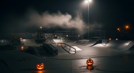 Illuminated Orange Pumpkin Halloween Decoration at Empty Skate Park