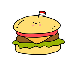 burger and fries, This image is a cute cartoon illustration of a hamburger.