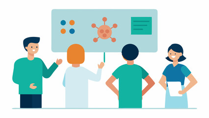 Patient Education A nurse explaining immunotherapy to a group of patients using a visual board that breaks down the process and benefits in simple terms.