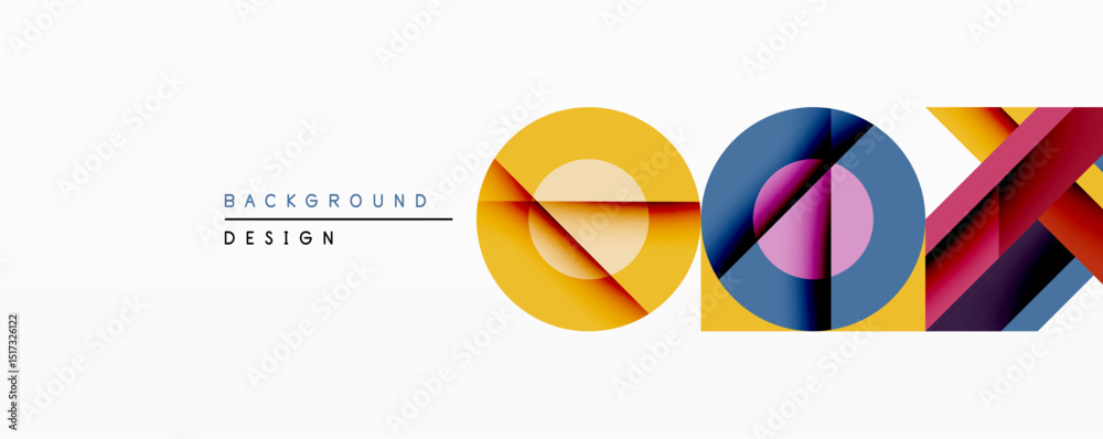 Poster Abstract geometric composition. Overlapping circles, squares create dynamic visual effect. Bright colors, gradients suggest modern design, clean aesthetic. Minimalist background enhances shapes.