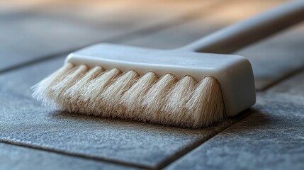 Close-up view of a light gray cleaning brush on a tiled surface.