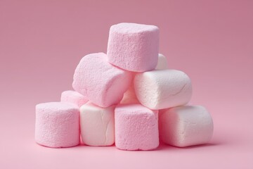 A small pyramid of pink and white marshmallows sits on a pink background.  The marshmallows are softly lit, showcasing their texture