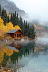 Fototapeta premium Misty mountain lake cabin reflection. Autumn colors
