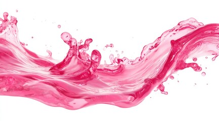 Dynamic pink liquid splash against a stark white background, exhibiting a flowing, wave-like motion with various sized droplets
