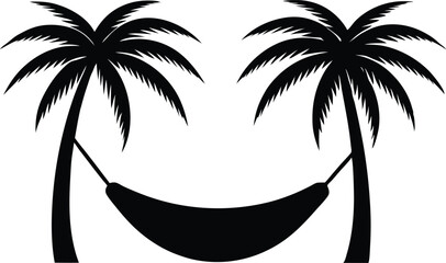 Tropical Sunset Hammock, Hammock hanging between two palm trees vector silhouette, palm tree silhouette vector illustration
