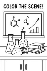 Coloring Page Chemistry Lab Scene with Flasks, Books, and Graph
