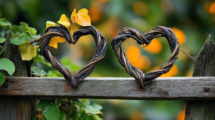 Two hearts intertwined on a rustic fence a symbol of enduring love and organic connection within a lush green garden