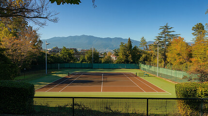Scenic Outdoor Tennis Court Surrounded by Nature During a Sunny Day. Outdoor Tennis Court with Mountain View and Surrounding Scenic Nature