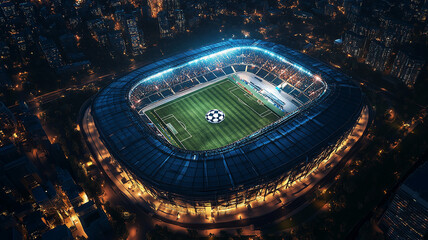 Aerial View of a Stadium at Night. Nighttime stadium illumination with surrounding city lights, ideal for sports events, entertainment, or event promotion.