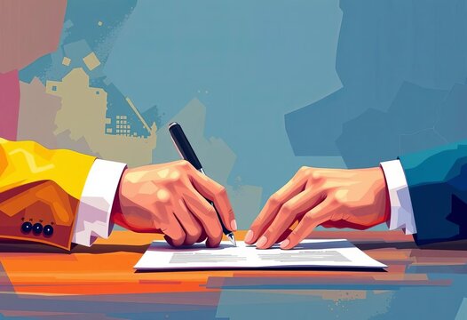 Business partnership contract signing depicted through abstract vector illustration,  agreement,  signing
