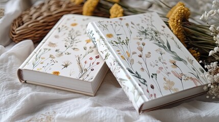 Botanical Dreams Two floral journals beckon writers amidst dried flowers offering a serene canvas for thoughts with soft