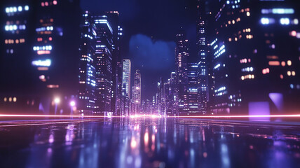 Futuristic Cityscape with Neon Lights Reflecting on a Rain-Slick Road. A vibrant futuristic urban setting illuminated by glowing neon lights, featuring towering buildings and atmospheric reflection