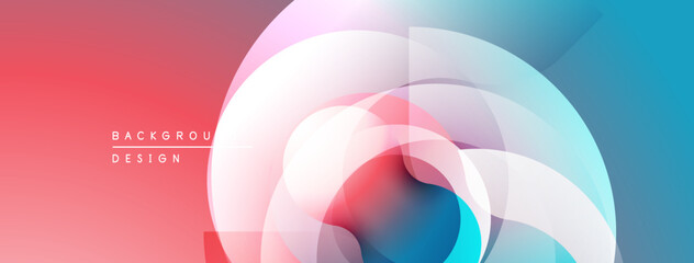 Abstract design features overlapping translucent circles. Gradient colorsred, blue, whitecreate dynamic visual effect. Modern background.