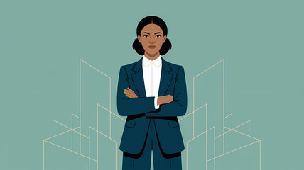 Confident Young Woman in Navy Suit Representing the Progressive Era, Flat Design with Teal Background and Geometric Cityscape in Muted Gold